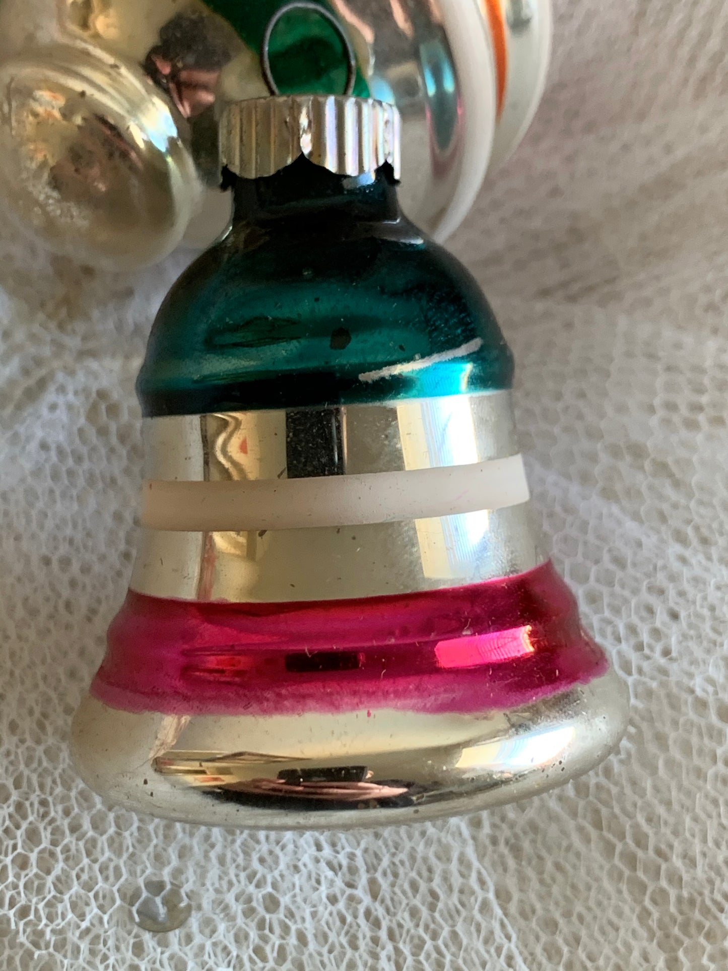 Vintage pair Shiny Brite ufo and bell ornaments