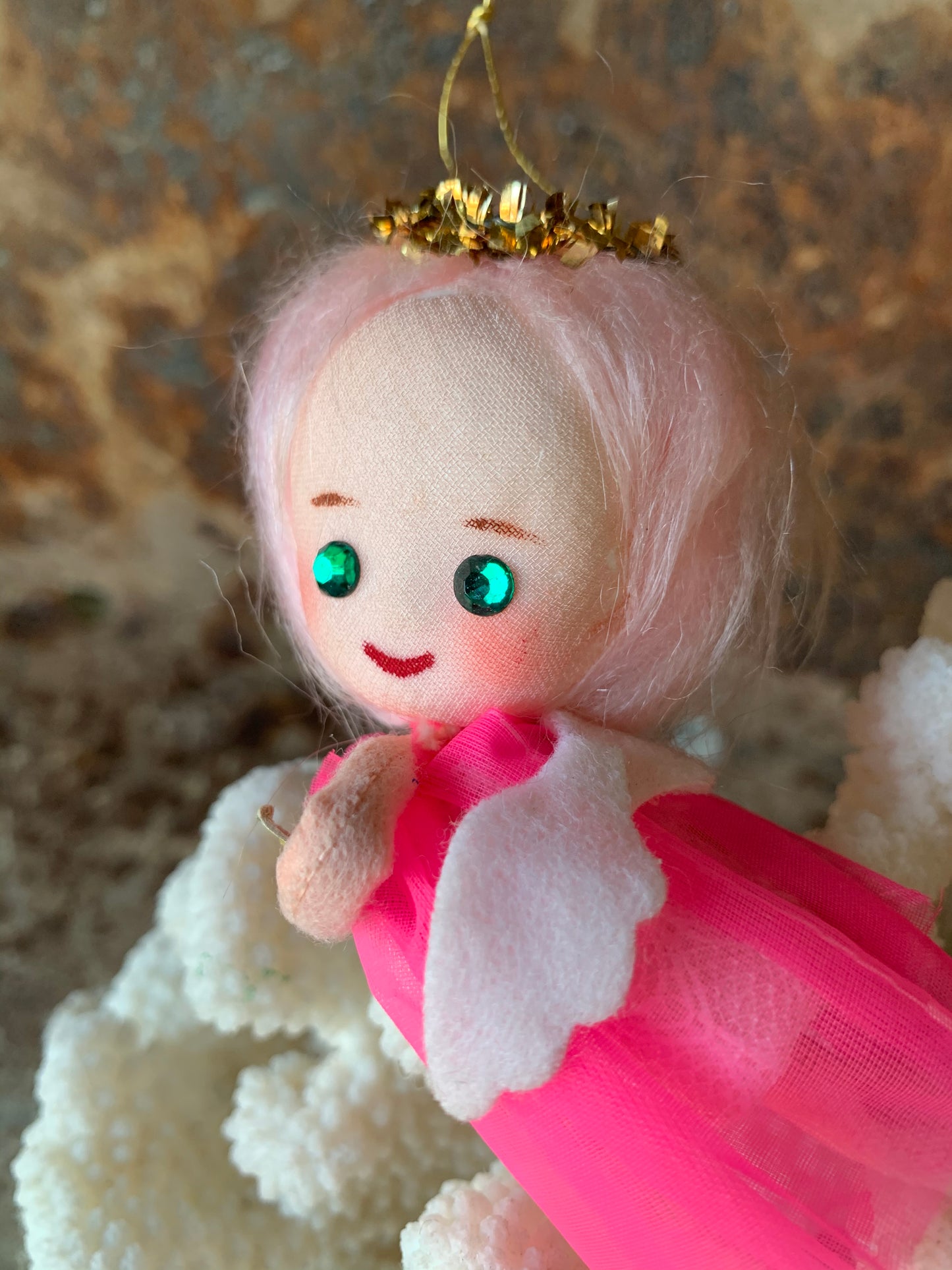 Vintage mini pink hair angel ornament Christmas pixie