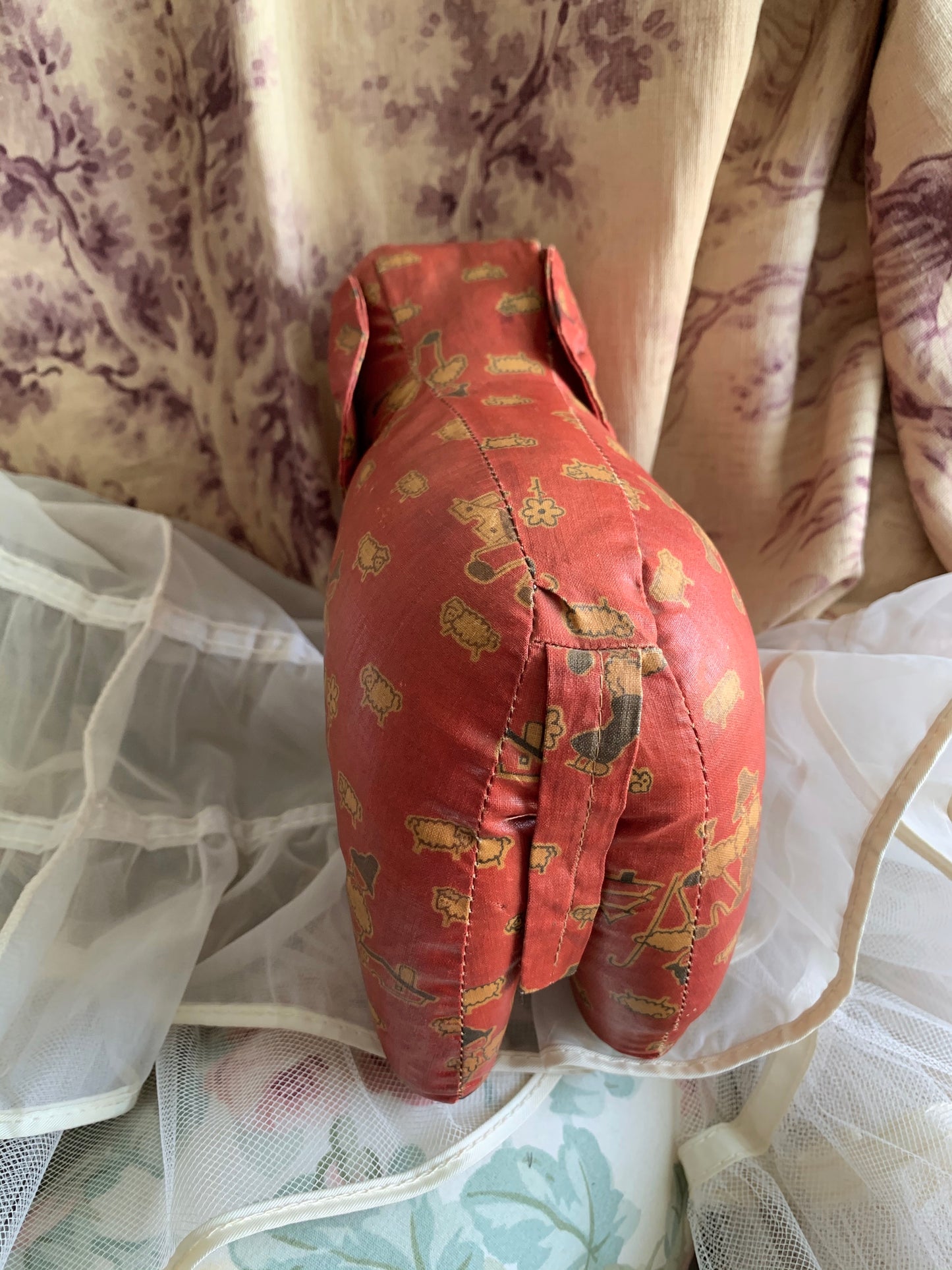 Vintage red oilcloth stuffed toy elephant