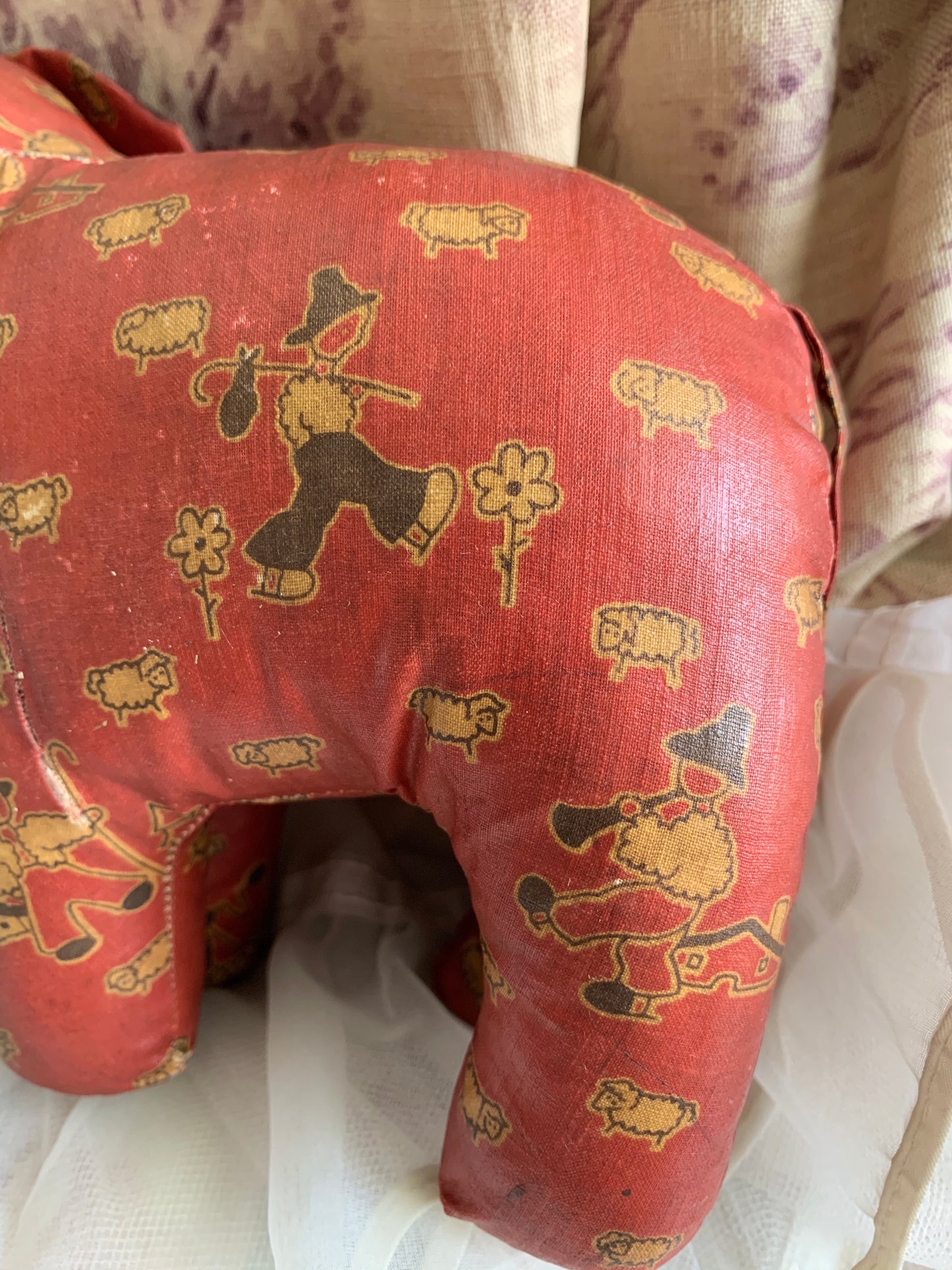 Vintage red oilcloth stuffed toy elephant