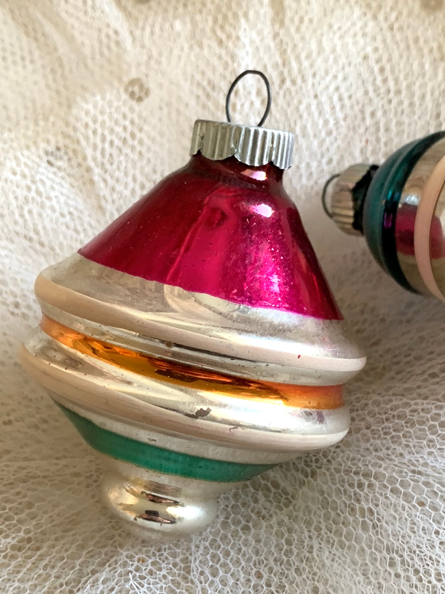 Vintage pair Shiny Brite ufo and bell ornaments