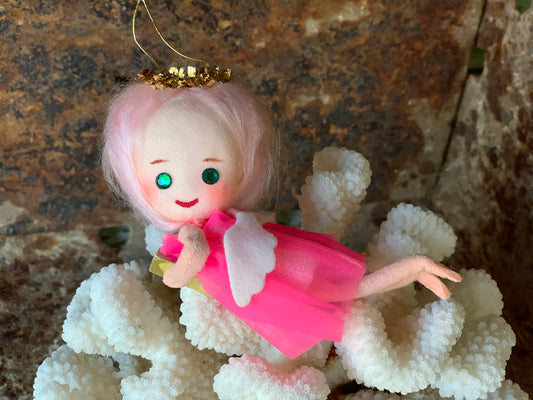 Vintage mini pink hair angel ornament Christmas pixie