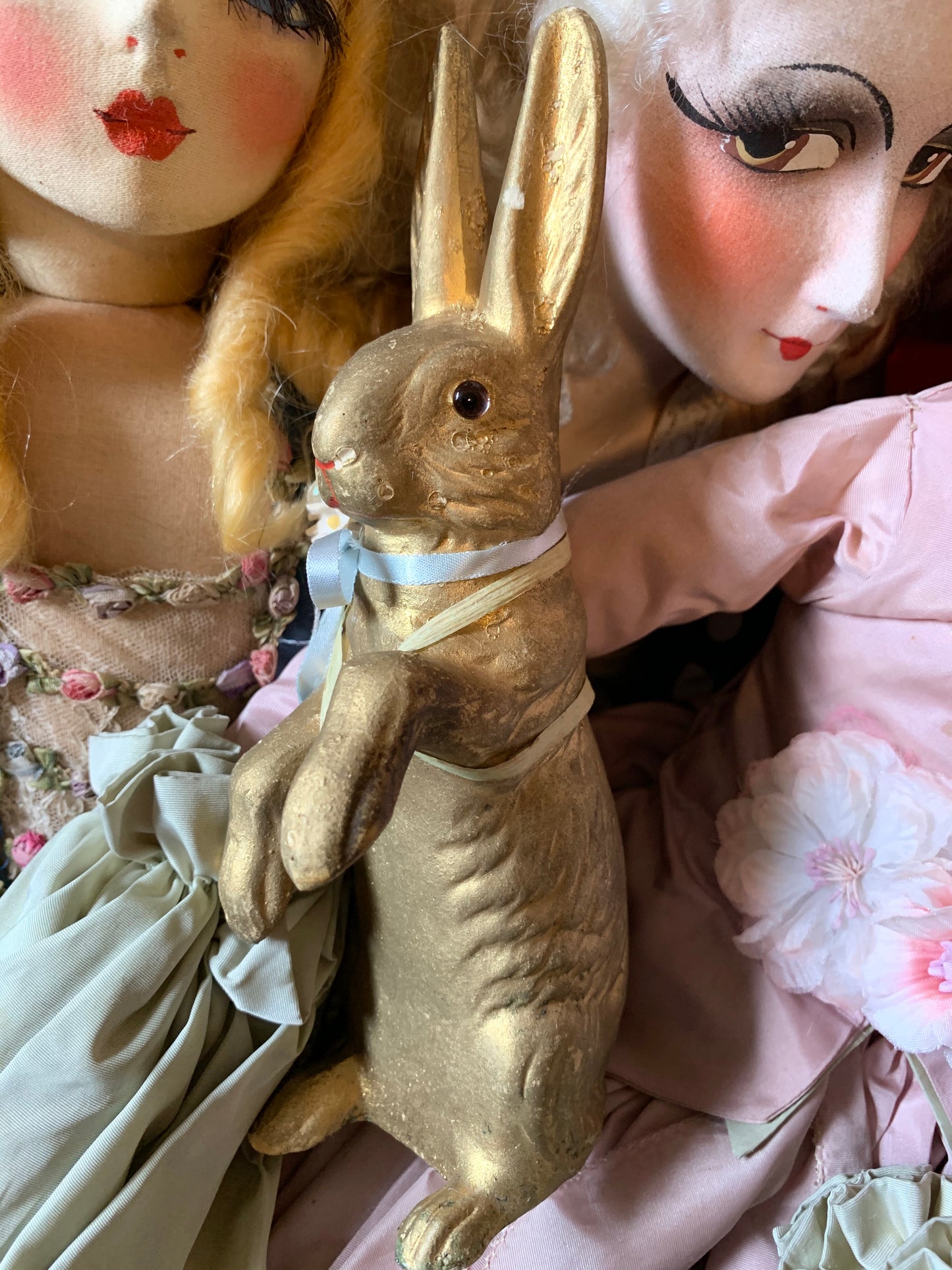 Vintage gold Easter rabbit bunny decoration with glass eyes