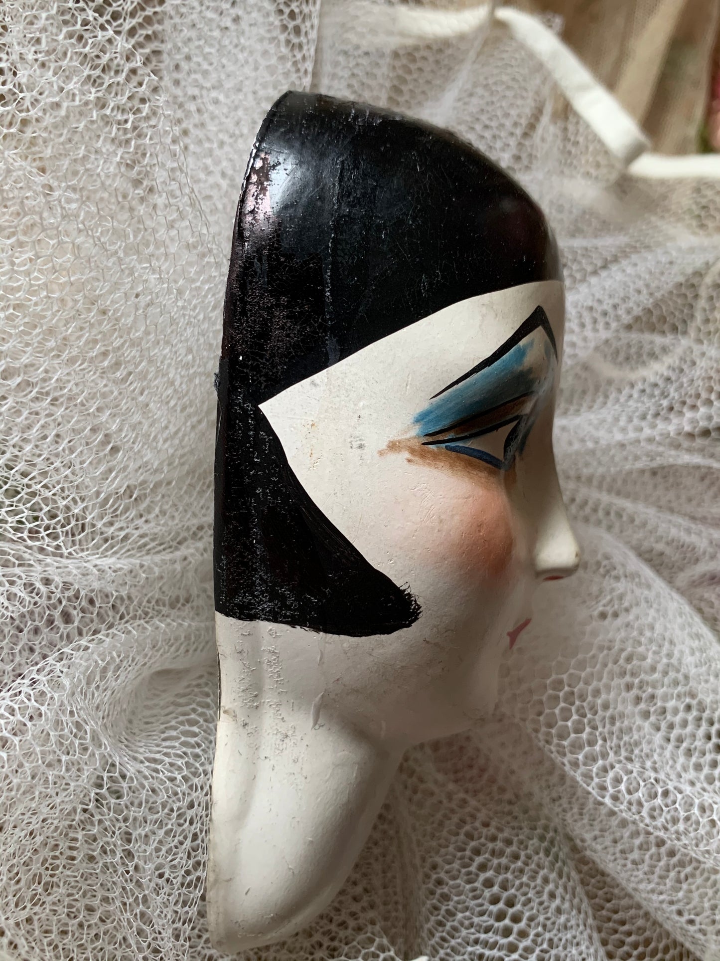 Vintage pierrot doll face tulle decoration