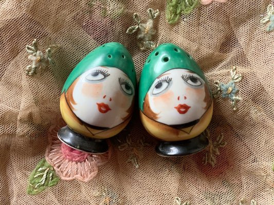 Vintage pair Noritake flapper girl shakers