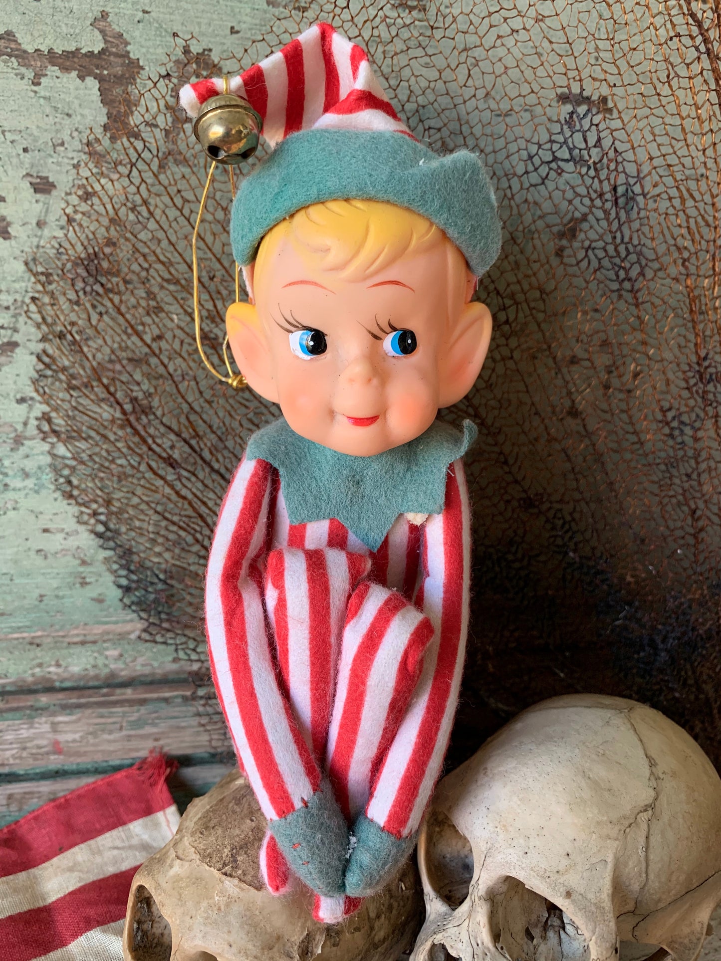 Vintage knee hugger elf red striped Christmas shelf sitter pixie