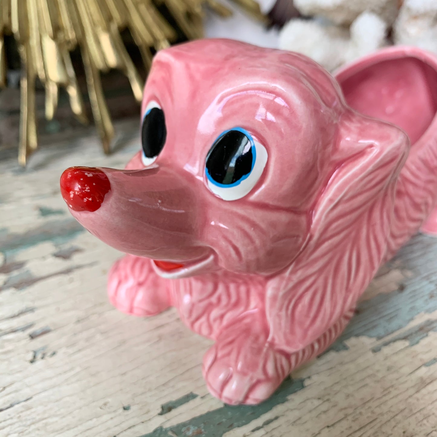 Vintage cute pink puppy ceramic Japan planter