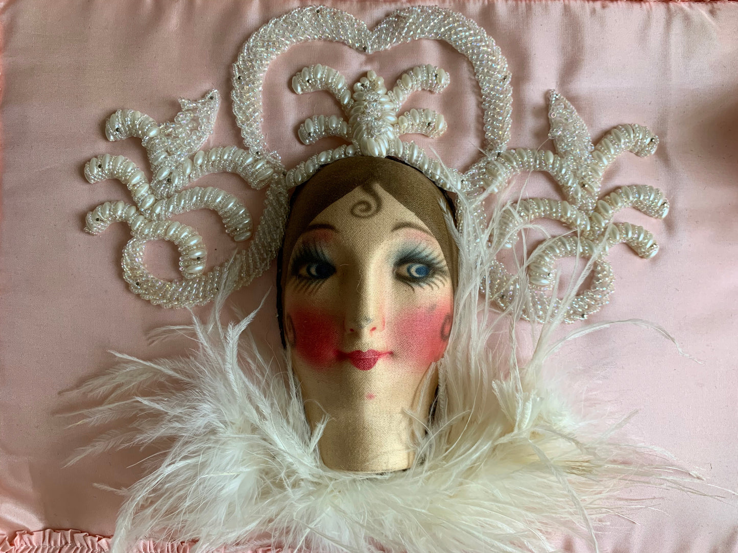 Assembled vintage boudoir doll face pillow
