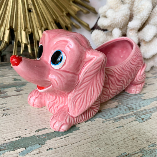 Vintage cute pink puppy ceramic Japan planter