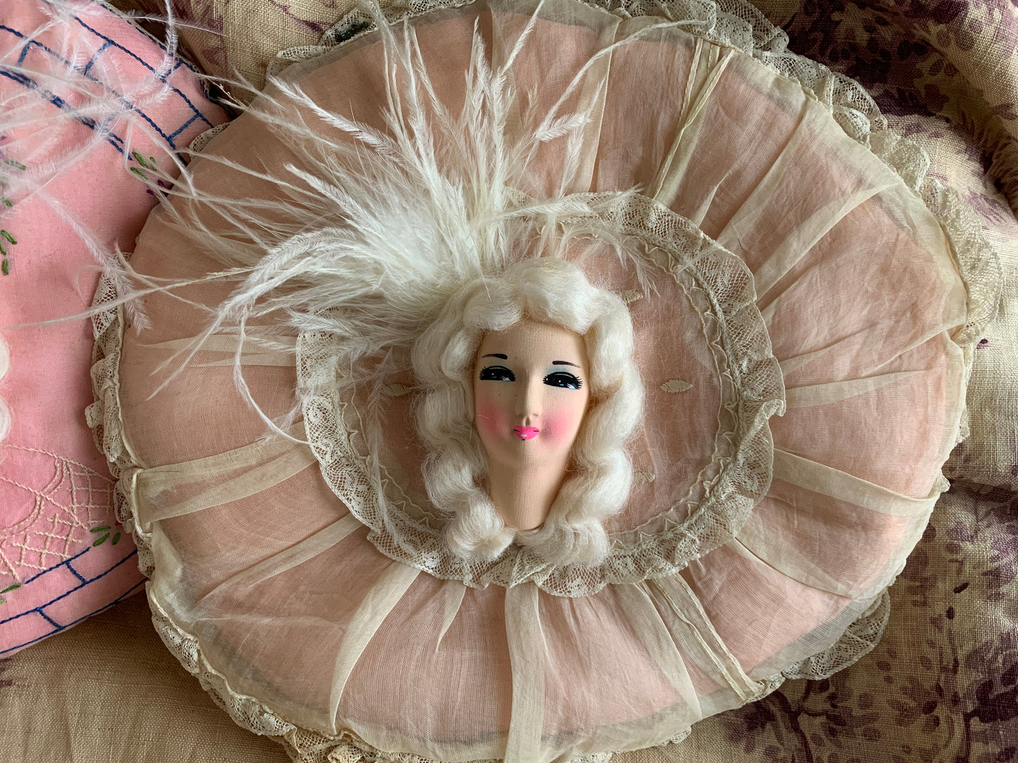 Vintage assembled doll face pillow