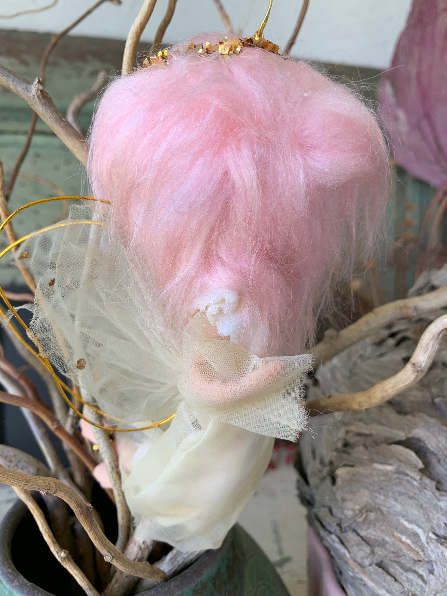Vintage pink hair shabby Christmas angel