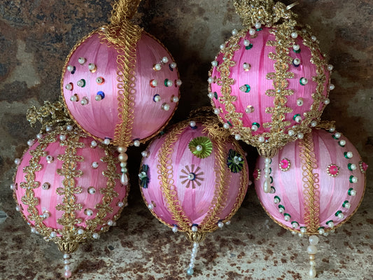 Vintage pink beaded Christmas ornaments