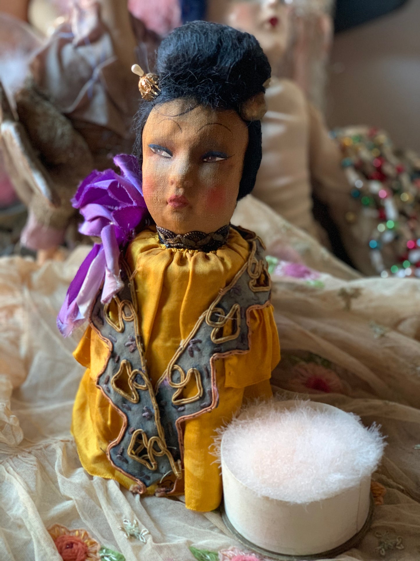 Vintage boudoir doll head powder puff box