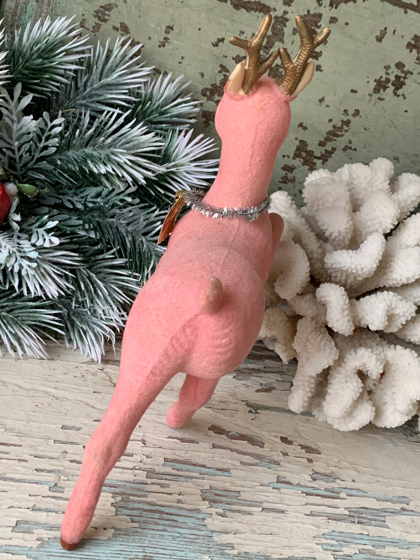 Vintage pink flocked reindeer