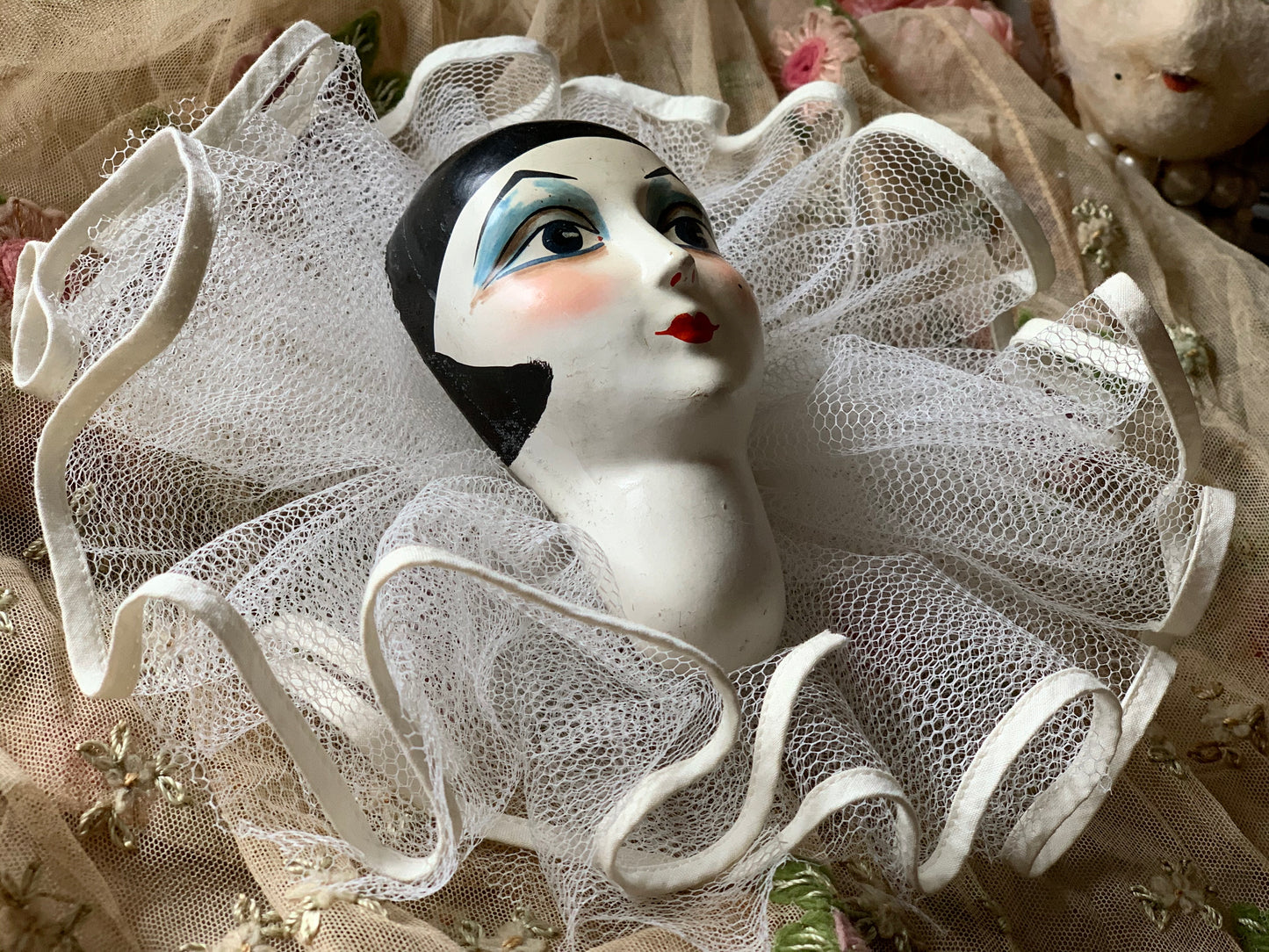 Vintage pierrot doll face tulle decoration