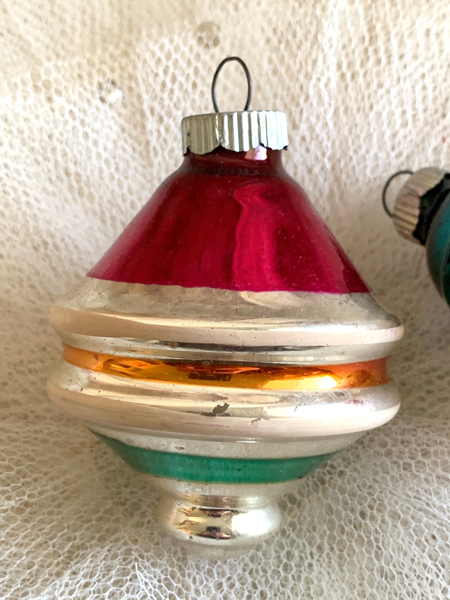 Vintage pair Shiny Brite ufo and bell ornaments