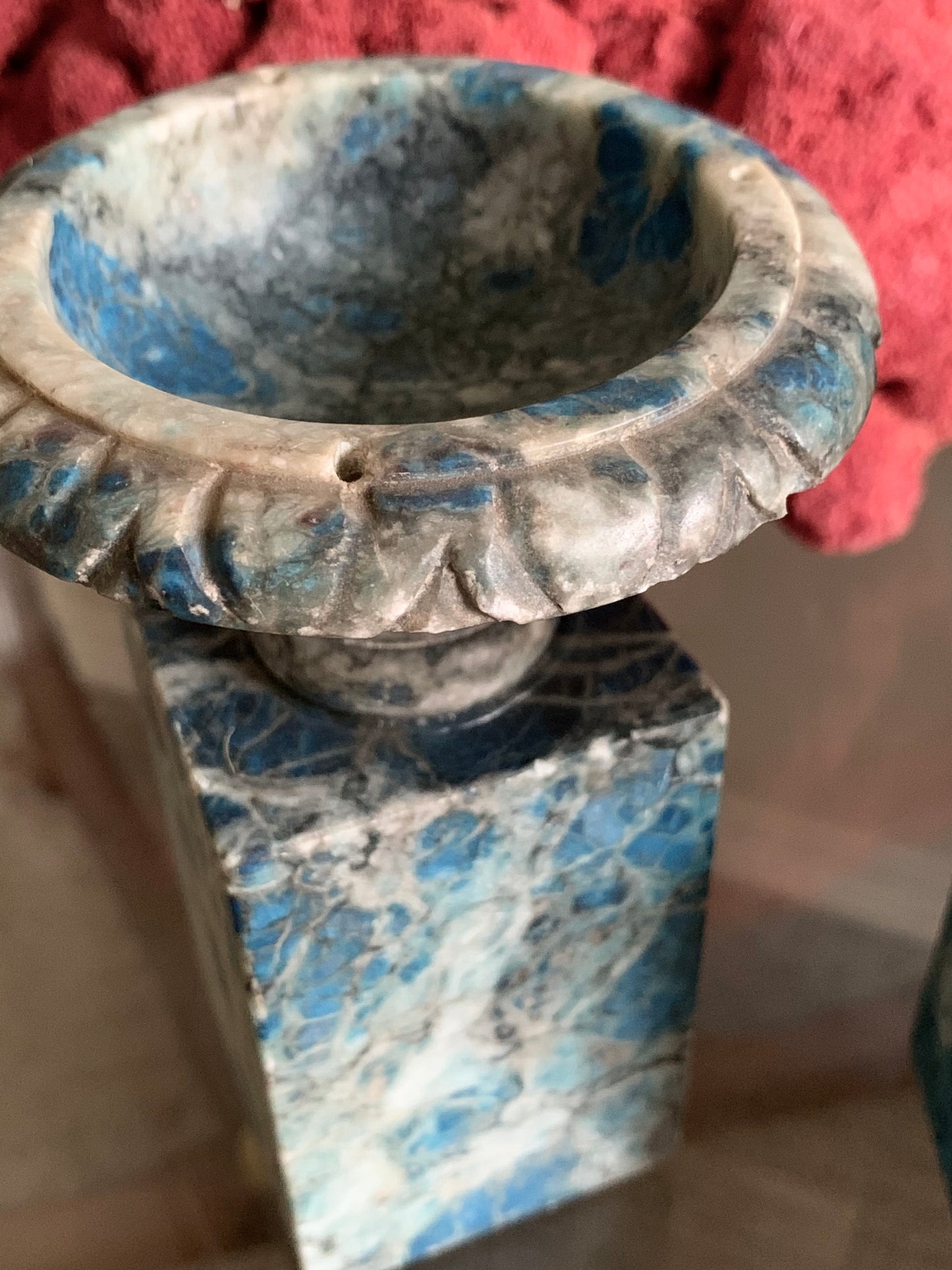 Vintage pair mini blue stone pedestal urns