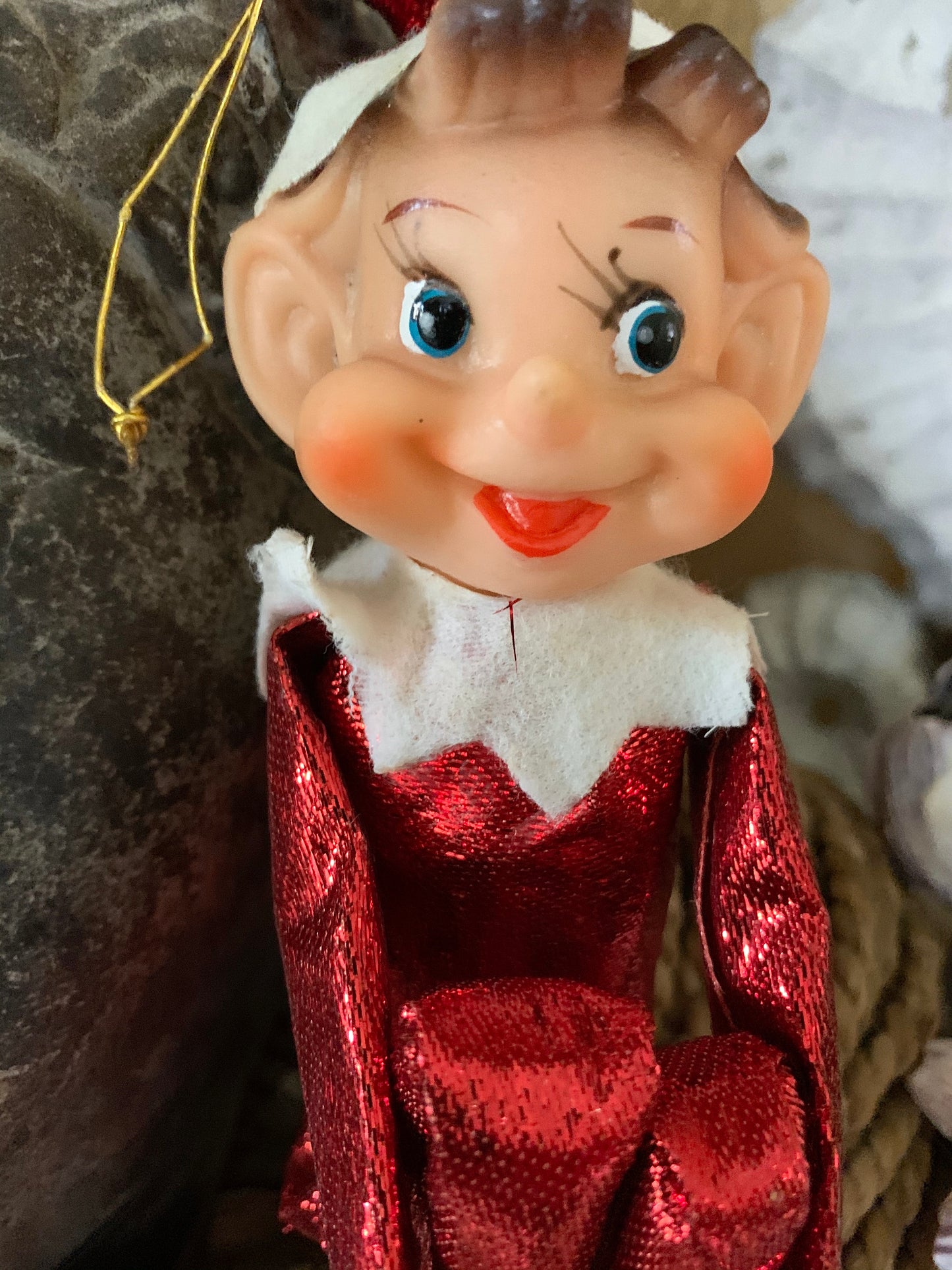 Vintage knee hugger elf sparkly red Christmas shelf sitter pixie