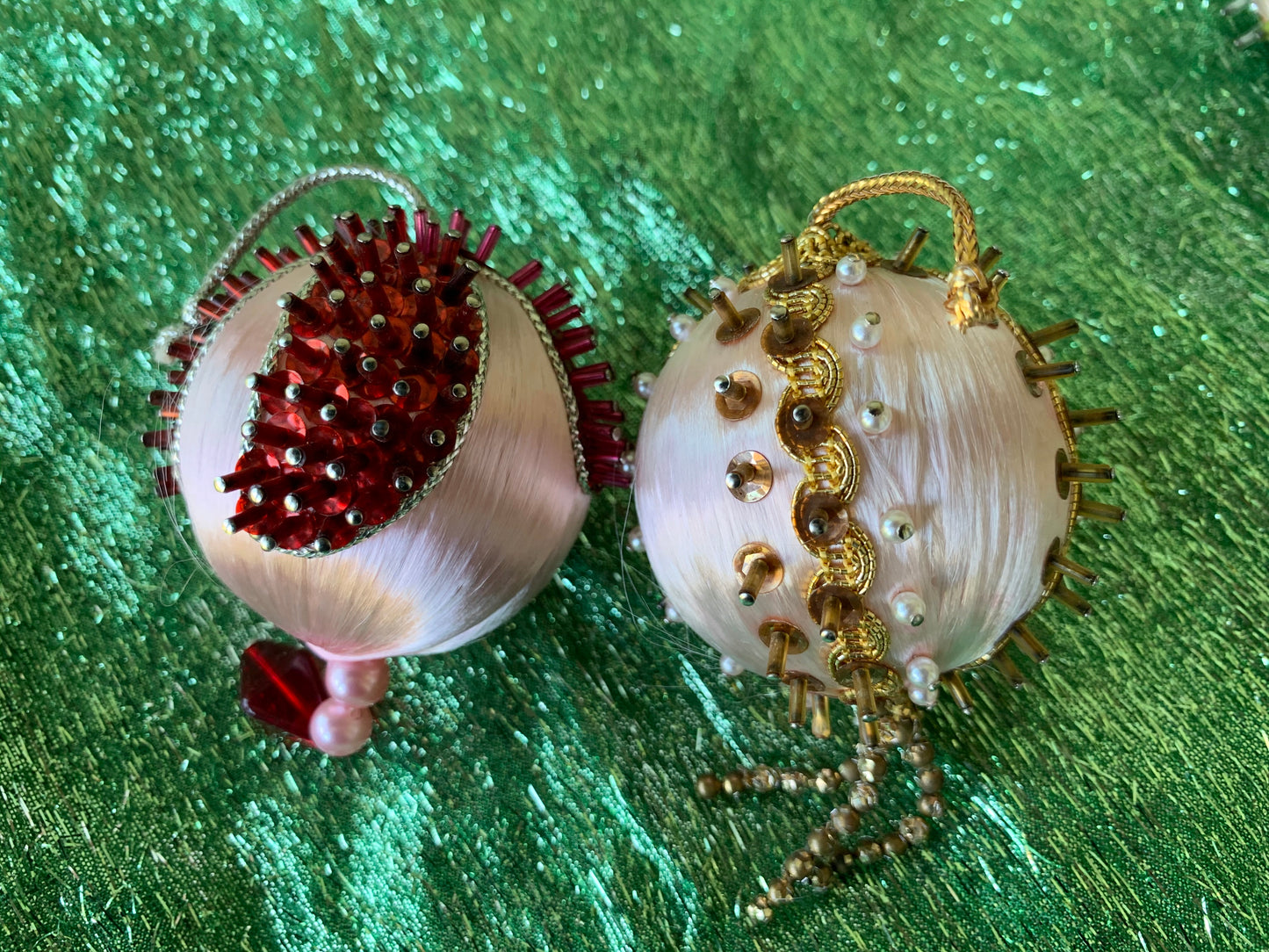 Vintage set pink beaded handmade Christmas ornaments