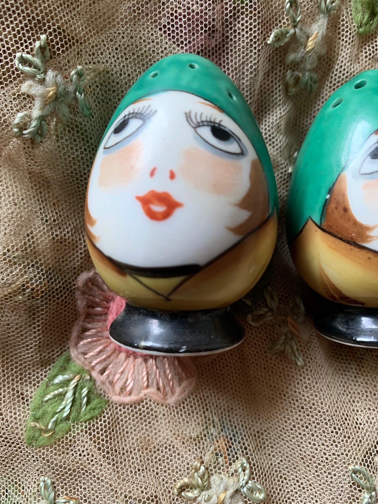 Vintage pair Noritake flapper girl shakers