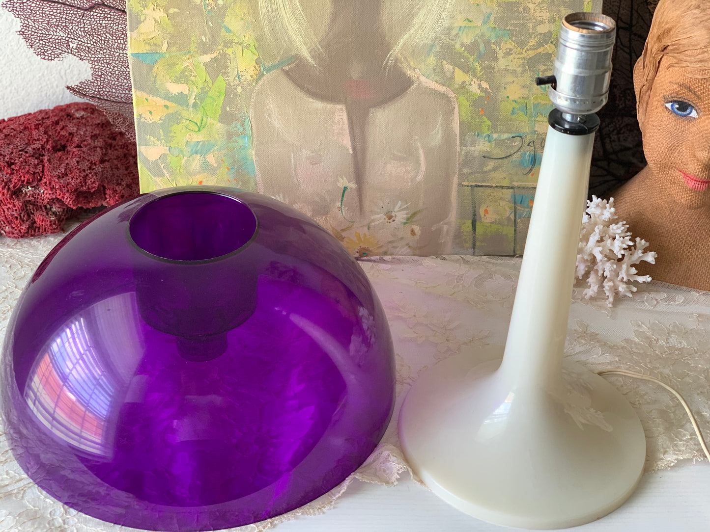 Mid century mushroom lamp Softlite purple white retro atomic table light