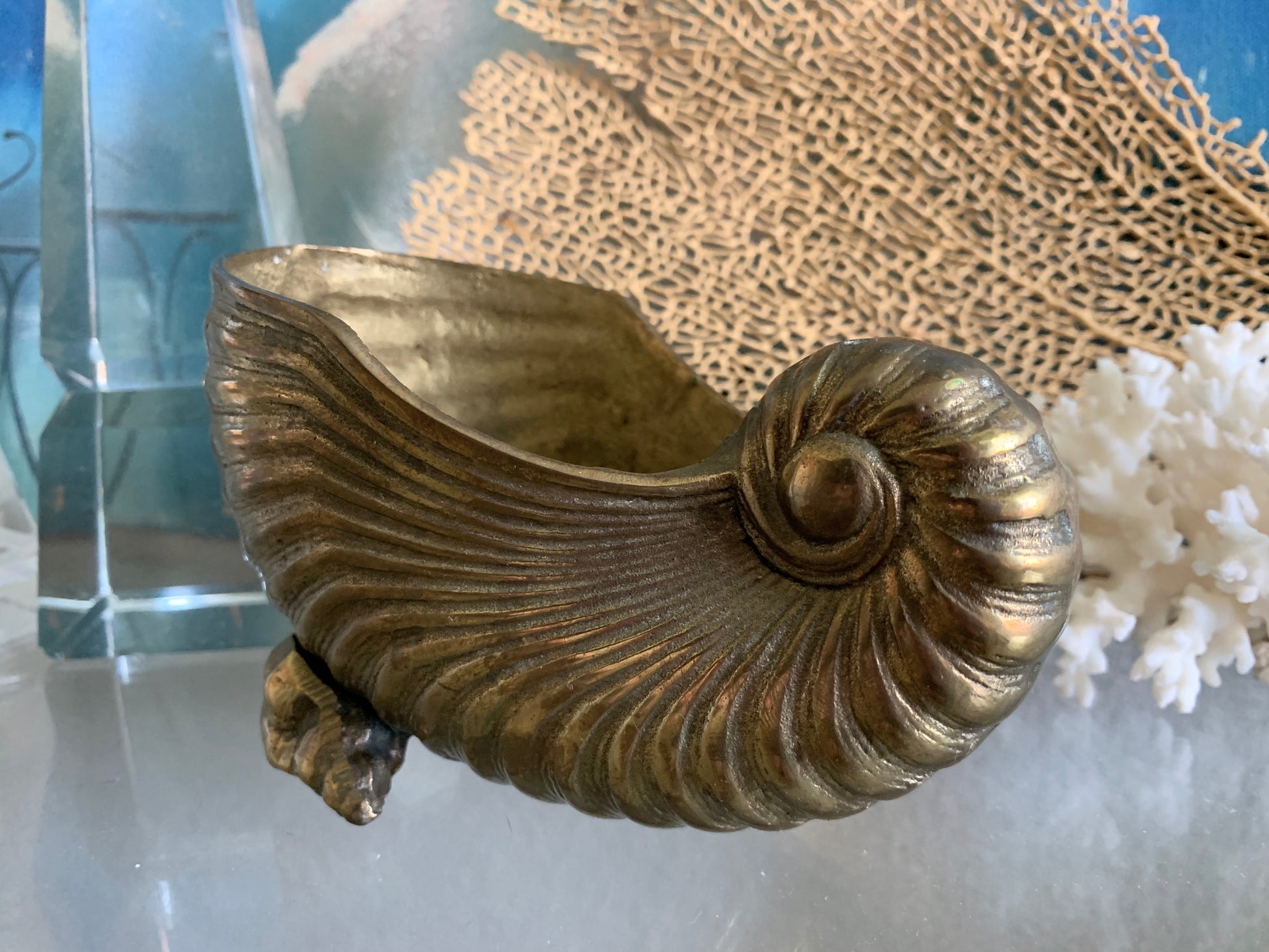 Vintage Signed Brass Nautilus Shell Sculpture