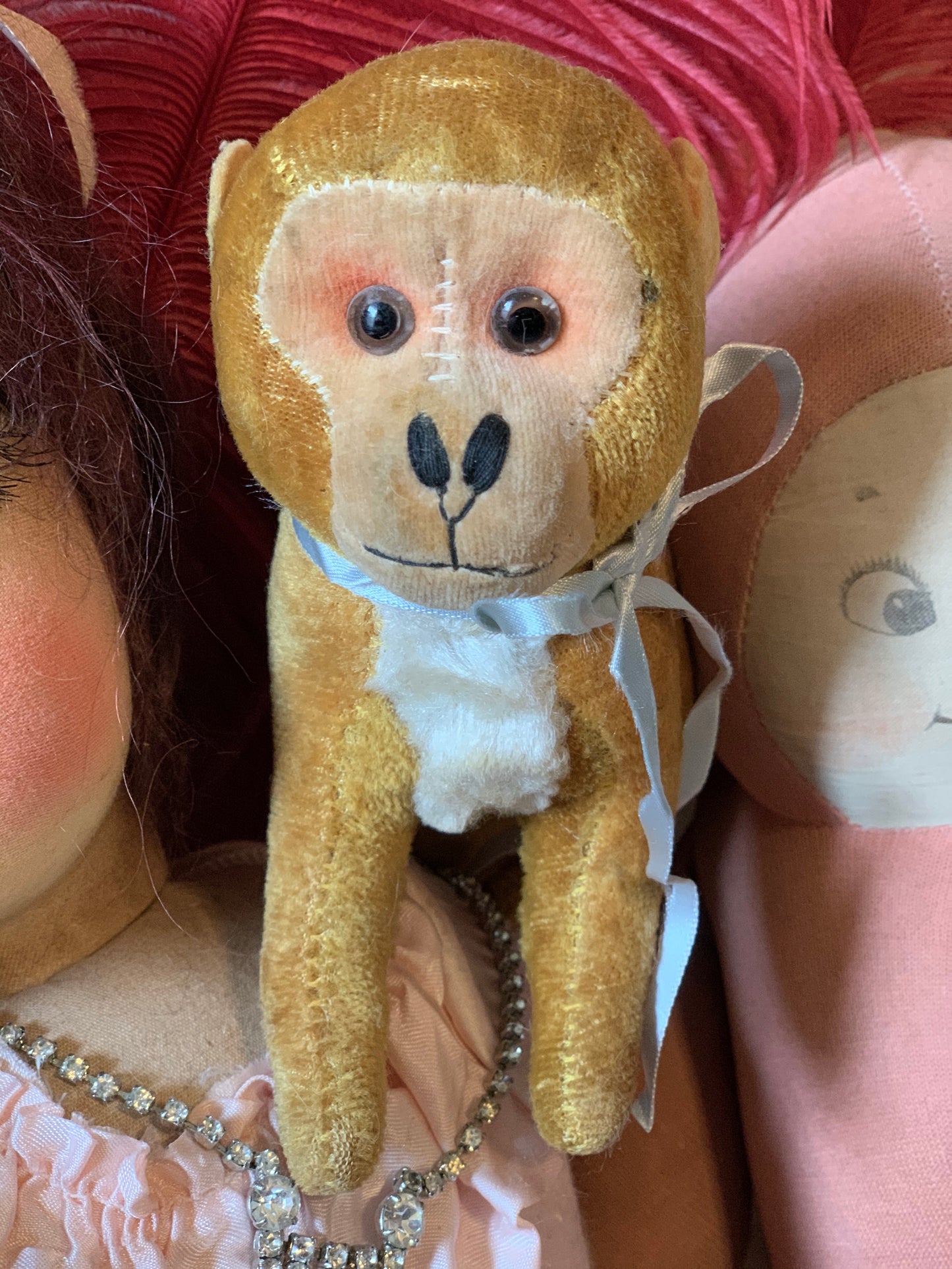 Vintage glass eye straw stuffed old Japan toy monkey