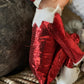 Vintage knee hugger elf sparkly red Christmas shelf sitter pixie