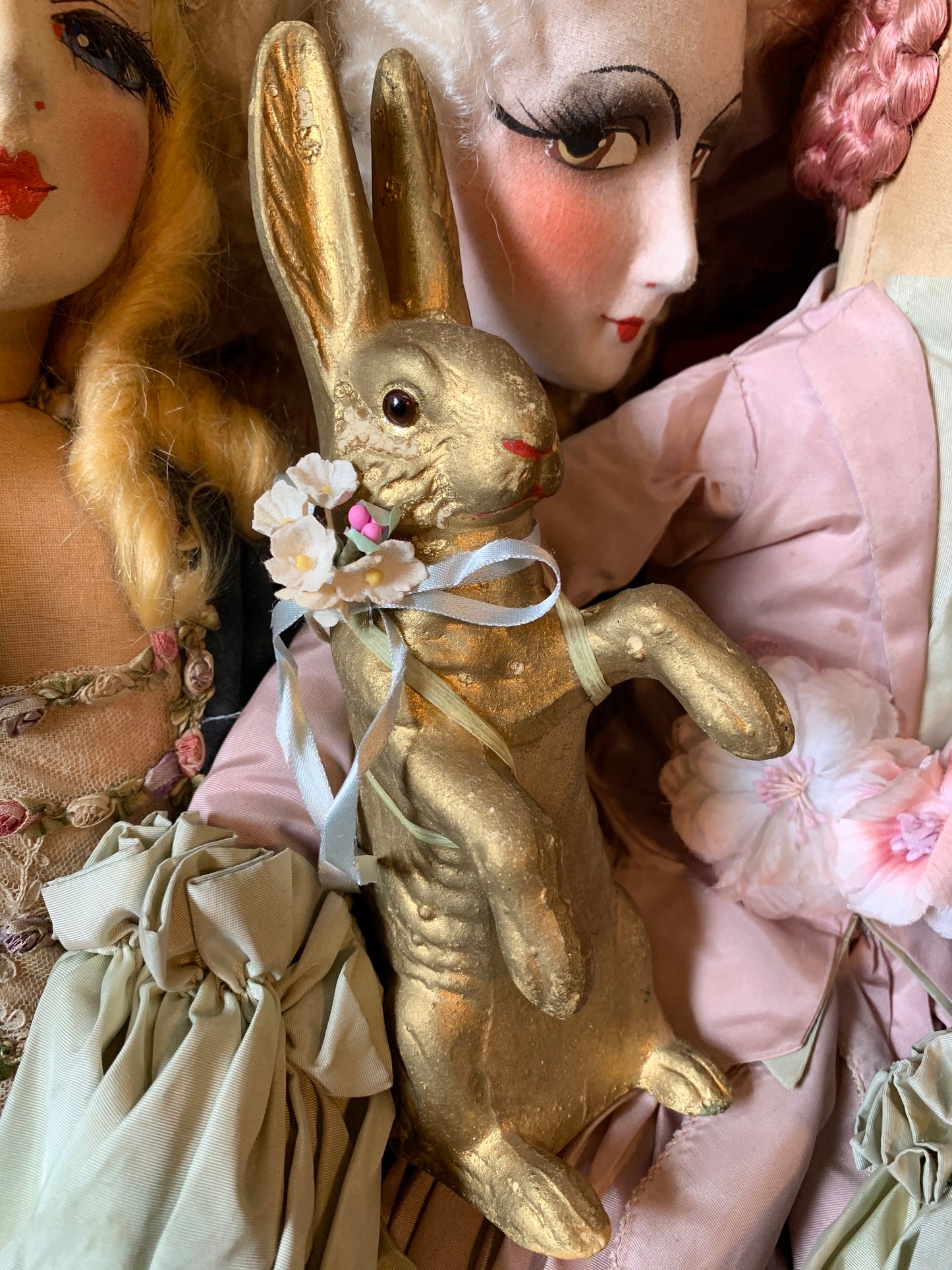 Vintage gold Easter rabbit bunny decoration with glass eyes