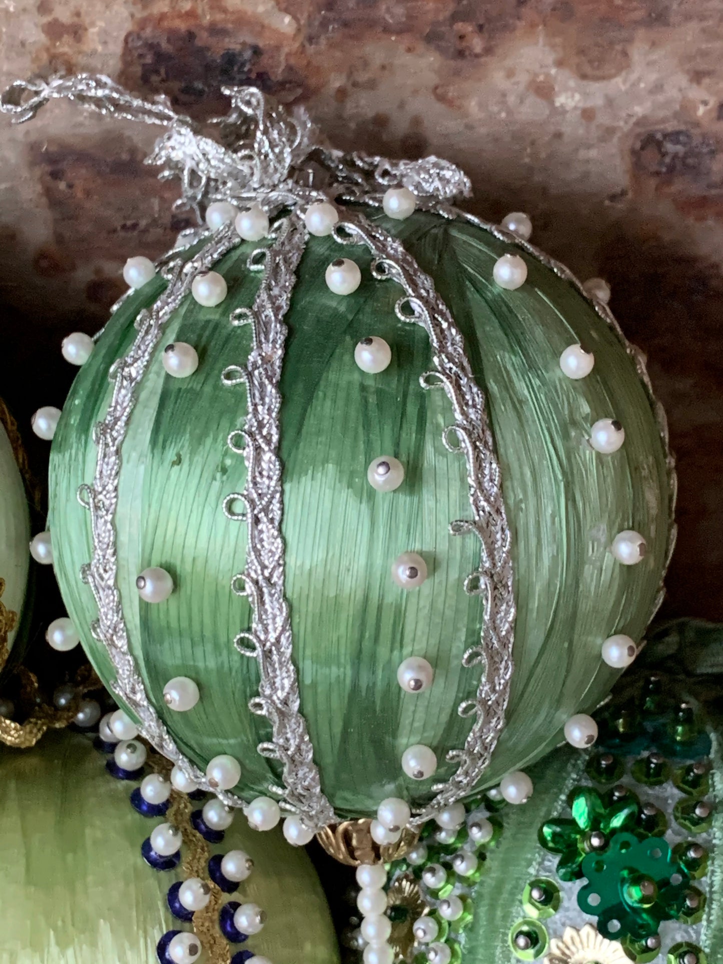 Vintage set green beaded Christmas ornaments