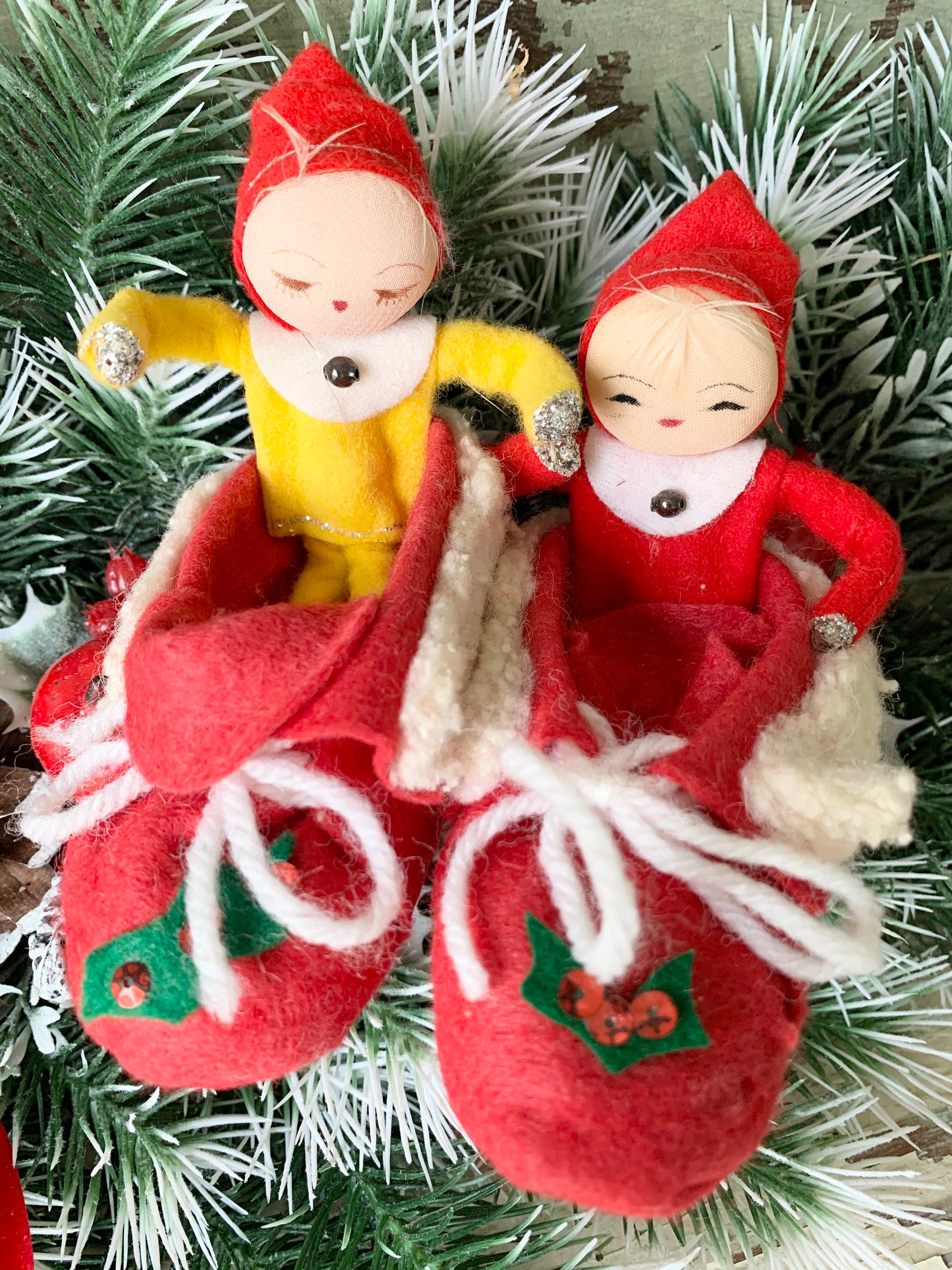 Vintage pair mini elves in boots Christmas pixies