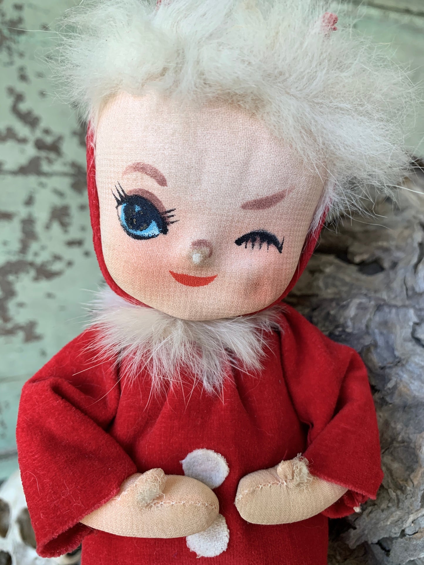 Vintage shabby Holiday Fair winking devil pixie doll