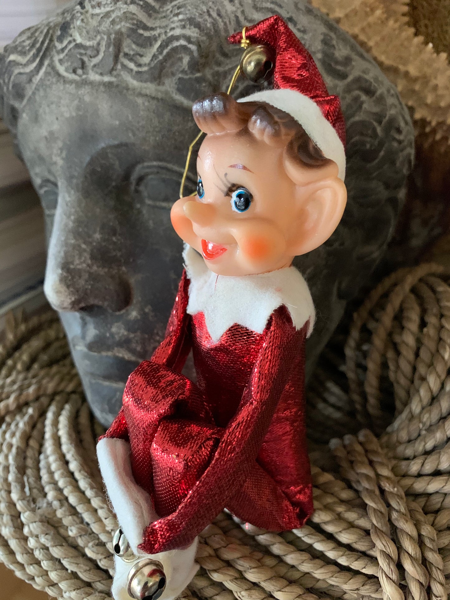 Vintage knee hugger elf sparkly red Christmas shelf sitter pixie