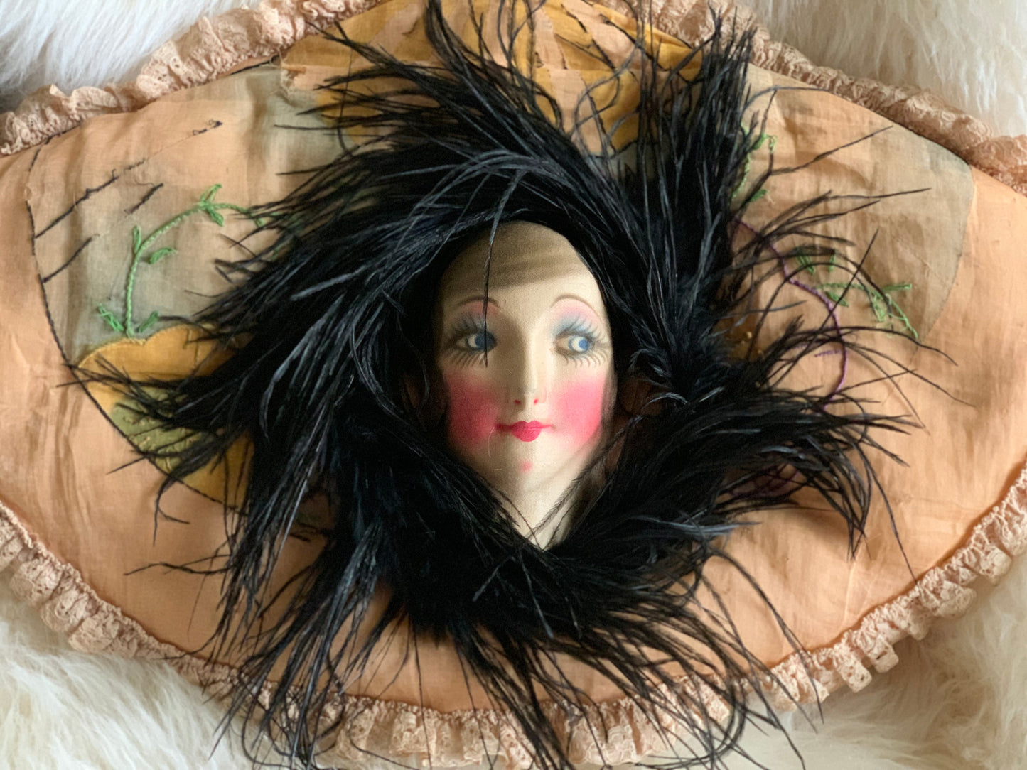 Assembled shabby vintage doll face pillow