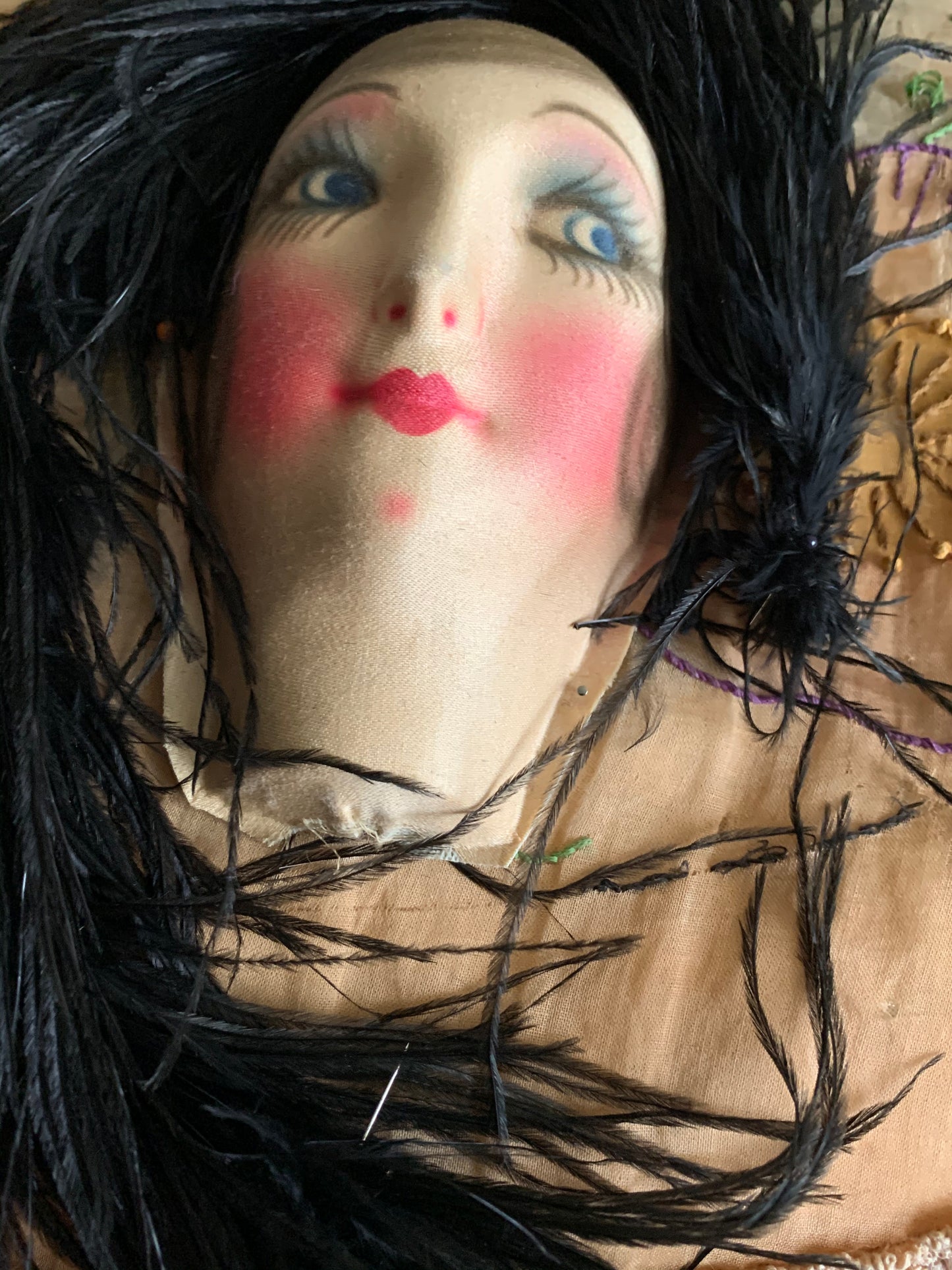 Assembled shabby vintage doll face pillow