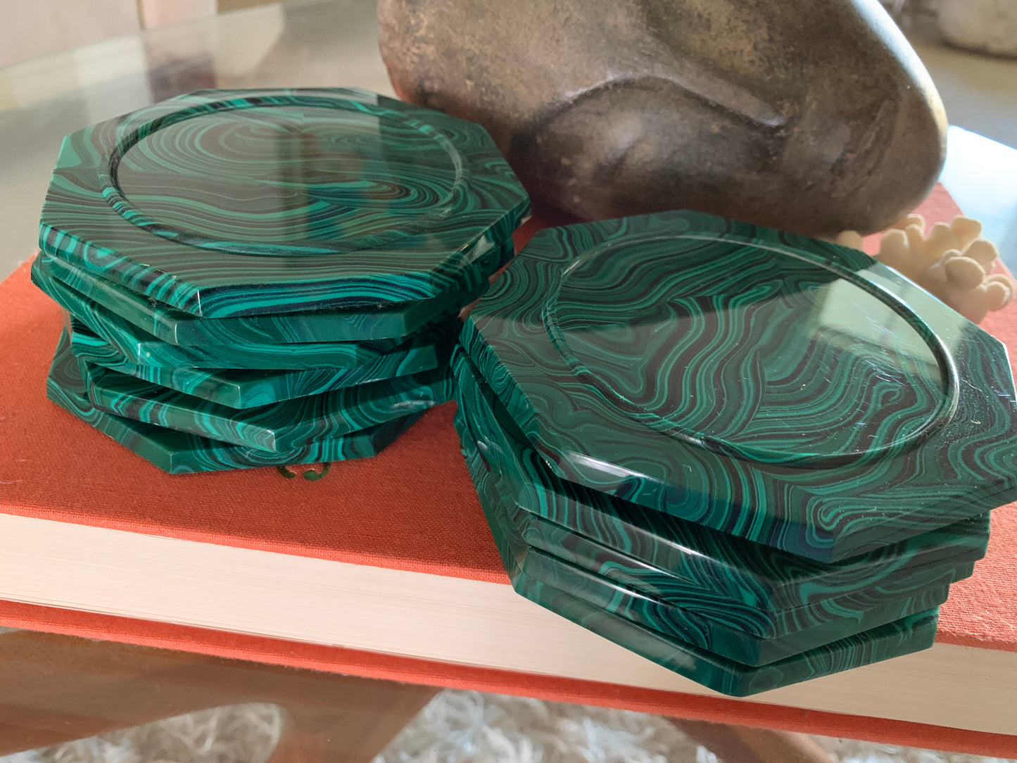 Mid century set of faux malachite green coasters