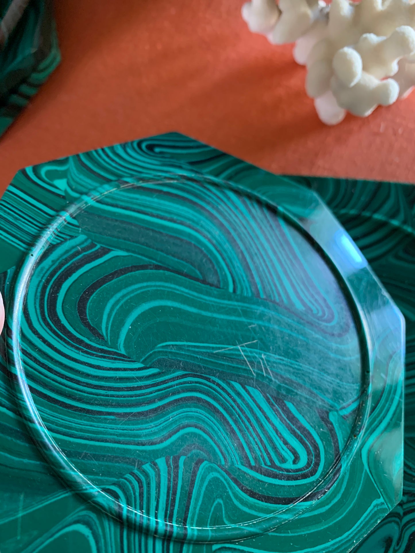 Mid century set of faux malachite green coasters