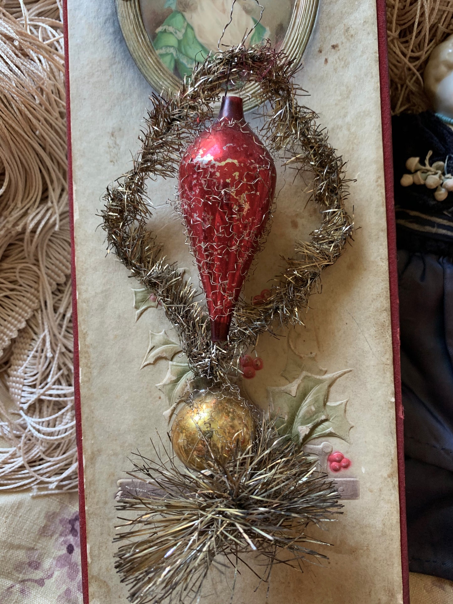 Antique tinsel wire wrapped glass Christmas ornament