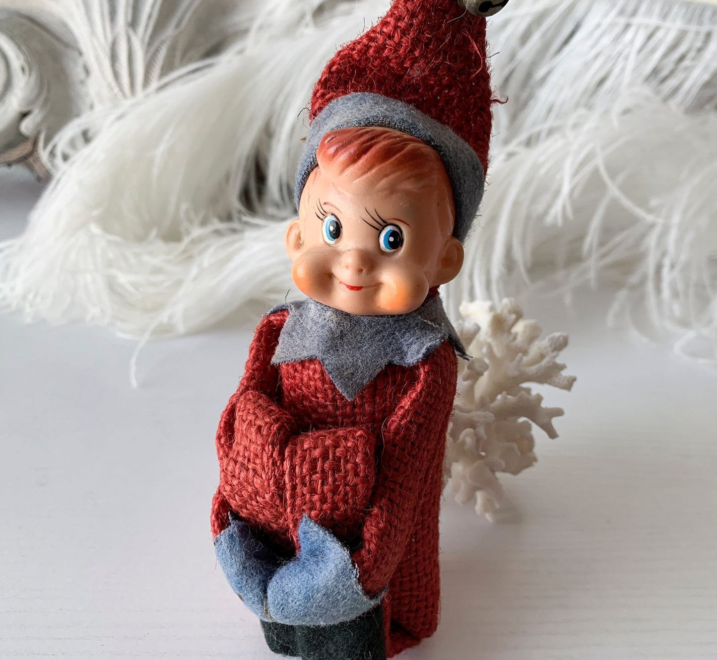 Vintage knee hugger elf red burlap Christmas shelf sitter pixie