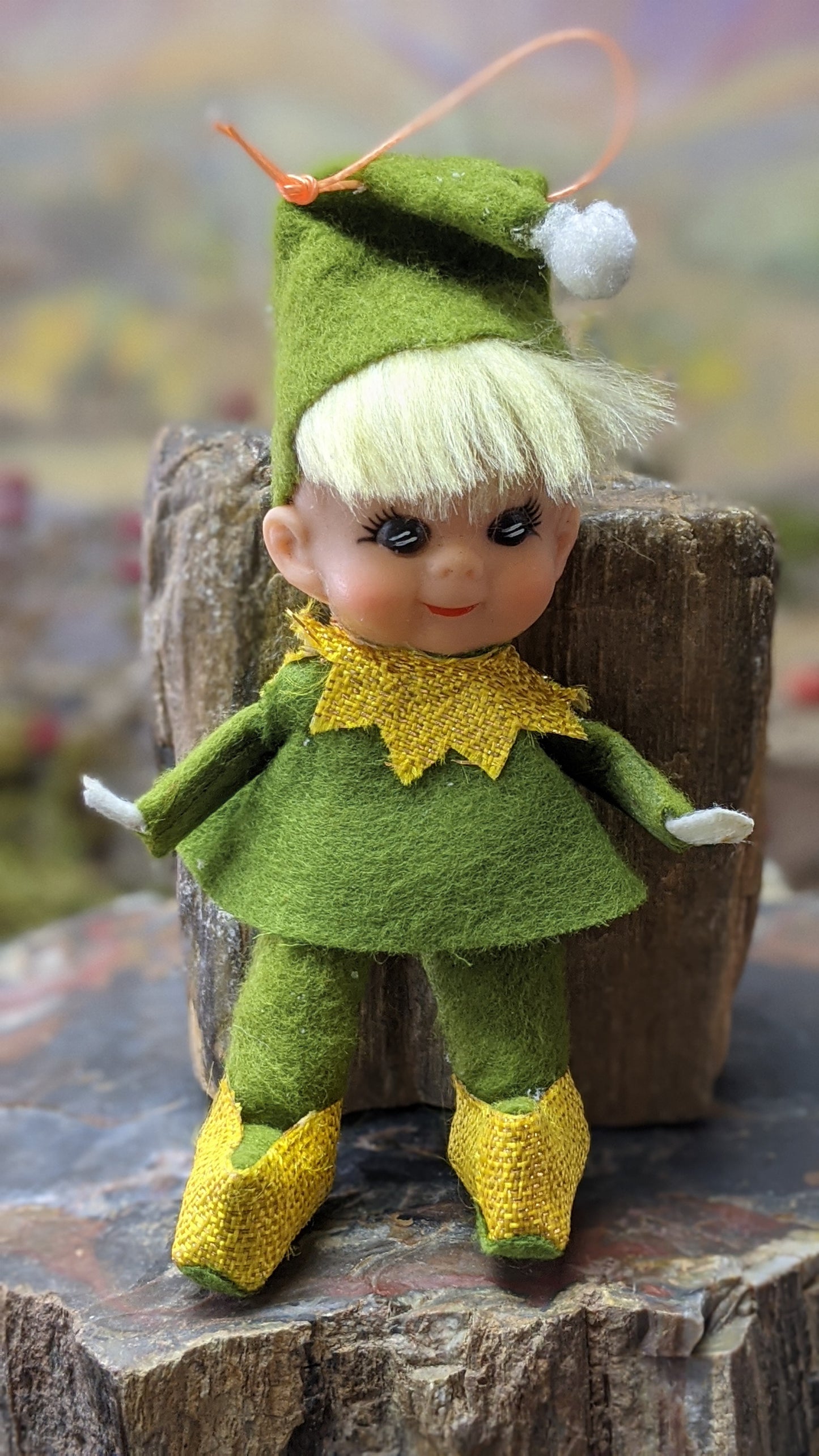 Vintage green pixie elf ornament