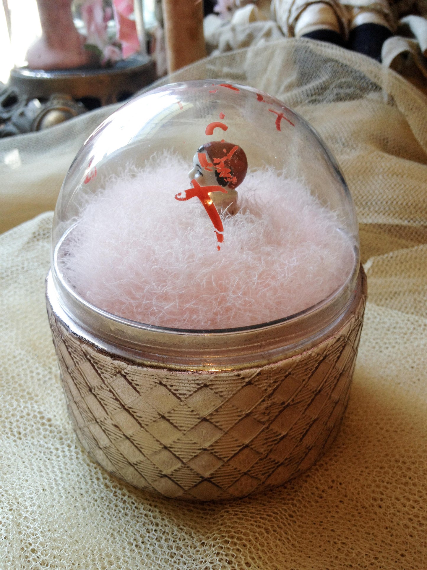 Antique German powder puff with glass dome jar