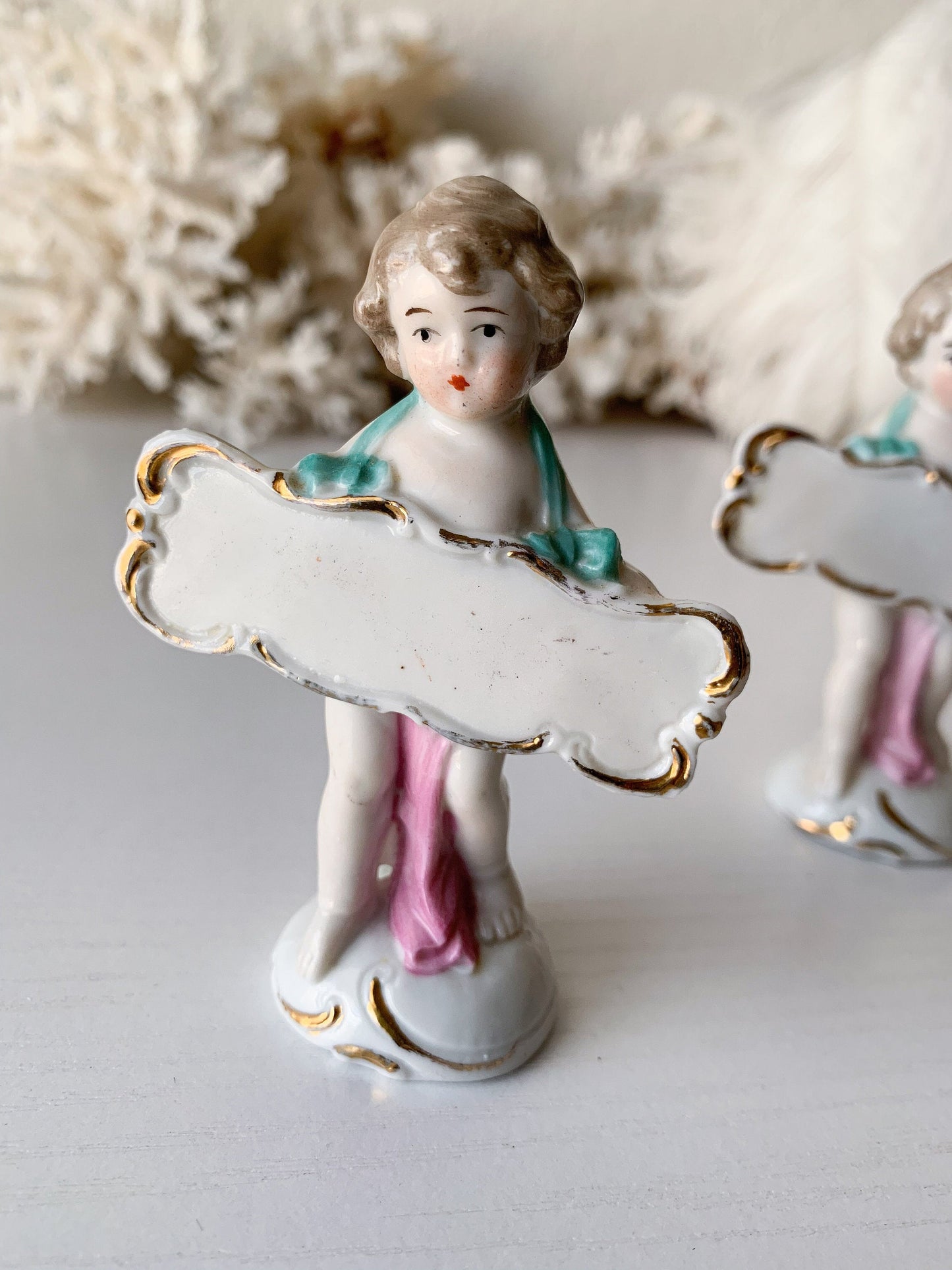Vintage set German porcelain mini angel name place card holders