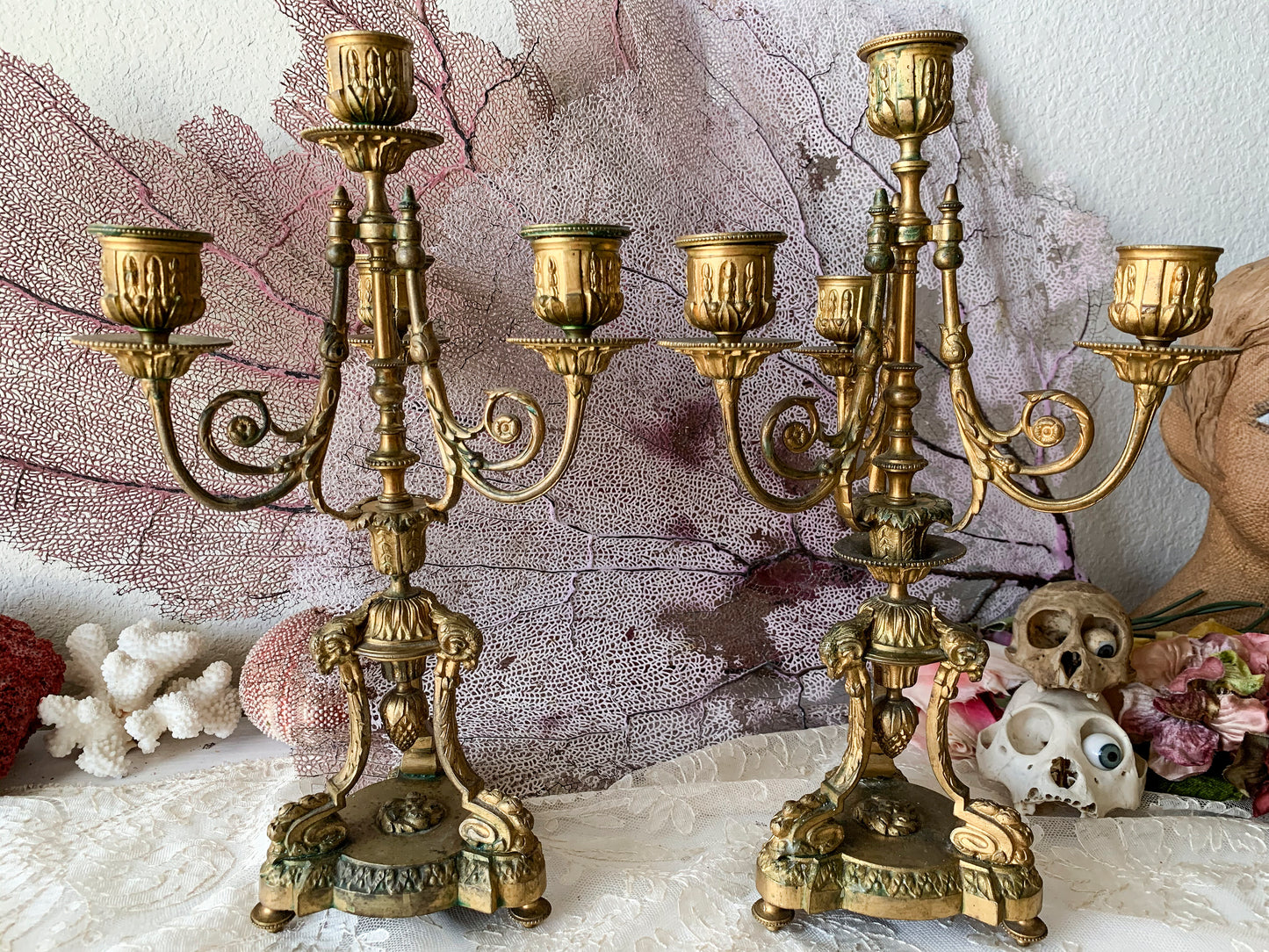 Antique pair candelabra ornate bronze ram head figural candlesticks