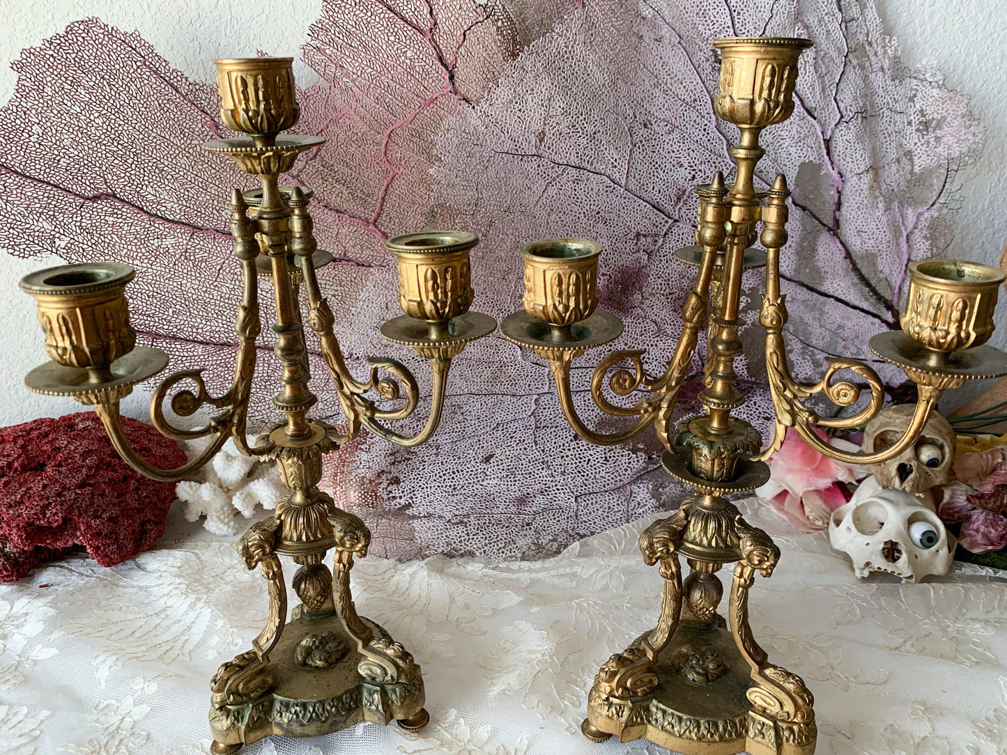 Antique pair candelabra ornate bronze ram head figural candlesticks