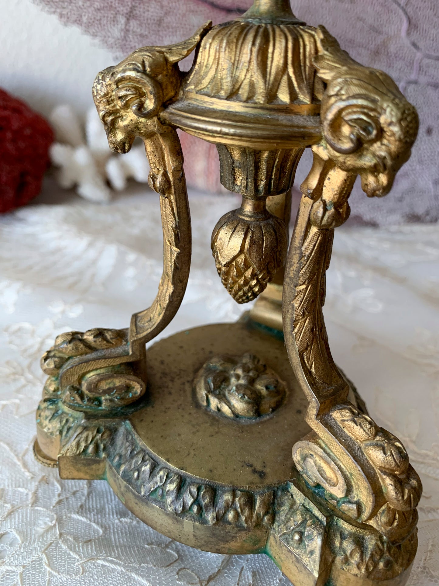 Antique pair candelabra ornate bronze ram head figural candlesticks